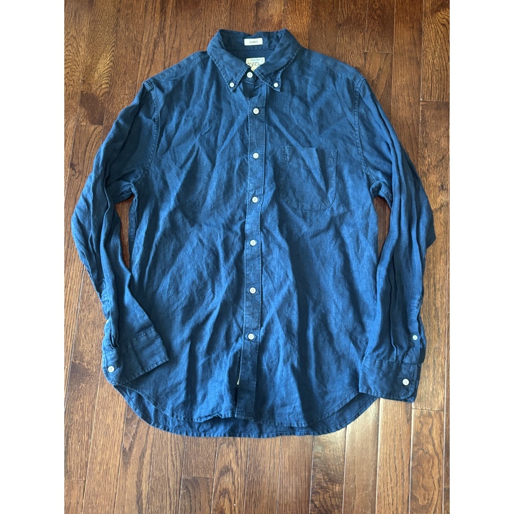 J.Crew Mens Baird McNutt Irish Linen Shirt Classic Fit Navy Blue BE554 Size M